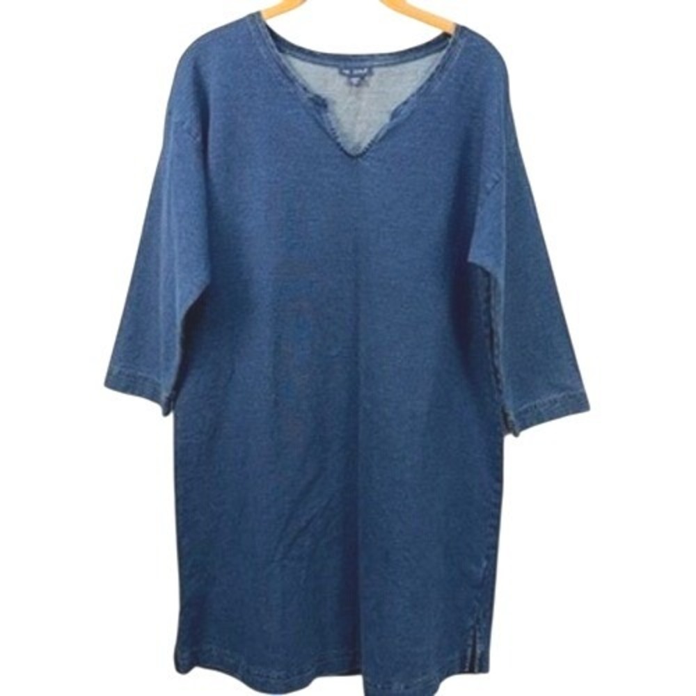 Pure Jill Indigo Blue Denim Knit Tunic Dress Notch Neck 3/4 Sleeve Womens Medium
